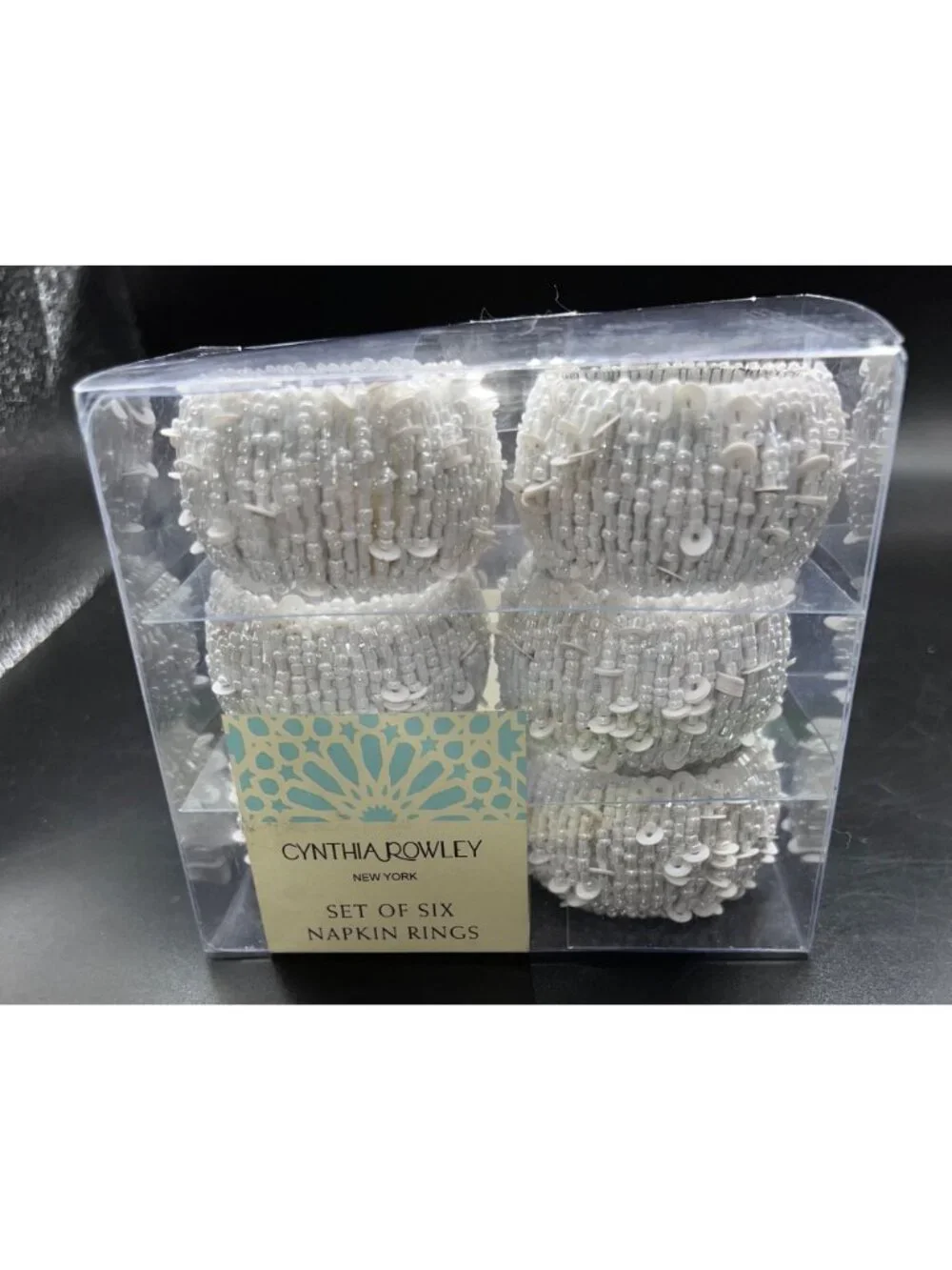 Cynthia Rowley New York Set Of Six White Beaded Napkin Rings In Clear Box Elegan